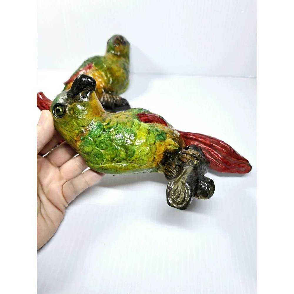 Mid-Century Chalkware Parrot Bird Wall Hanging Sculptures Set Of 2 Tropical Life